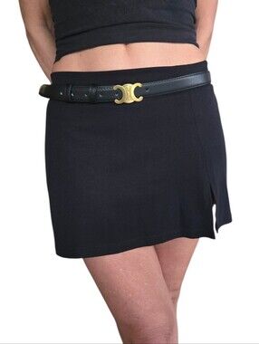 Skinny Black Triomphe Belt With Brass Design Buckle